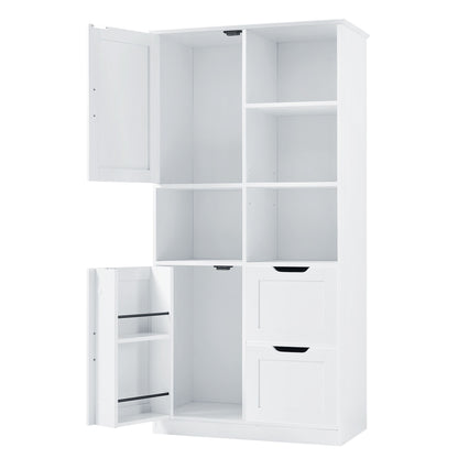 Freestanding Bathroom Storage Cabinet With Doors And Drawers, Adjustable Shelf, Open Shelves - White