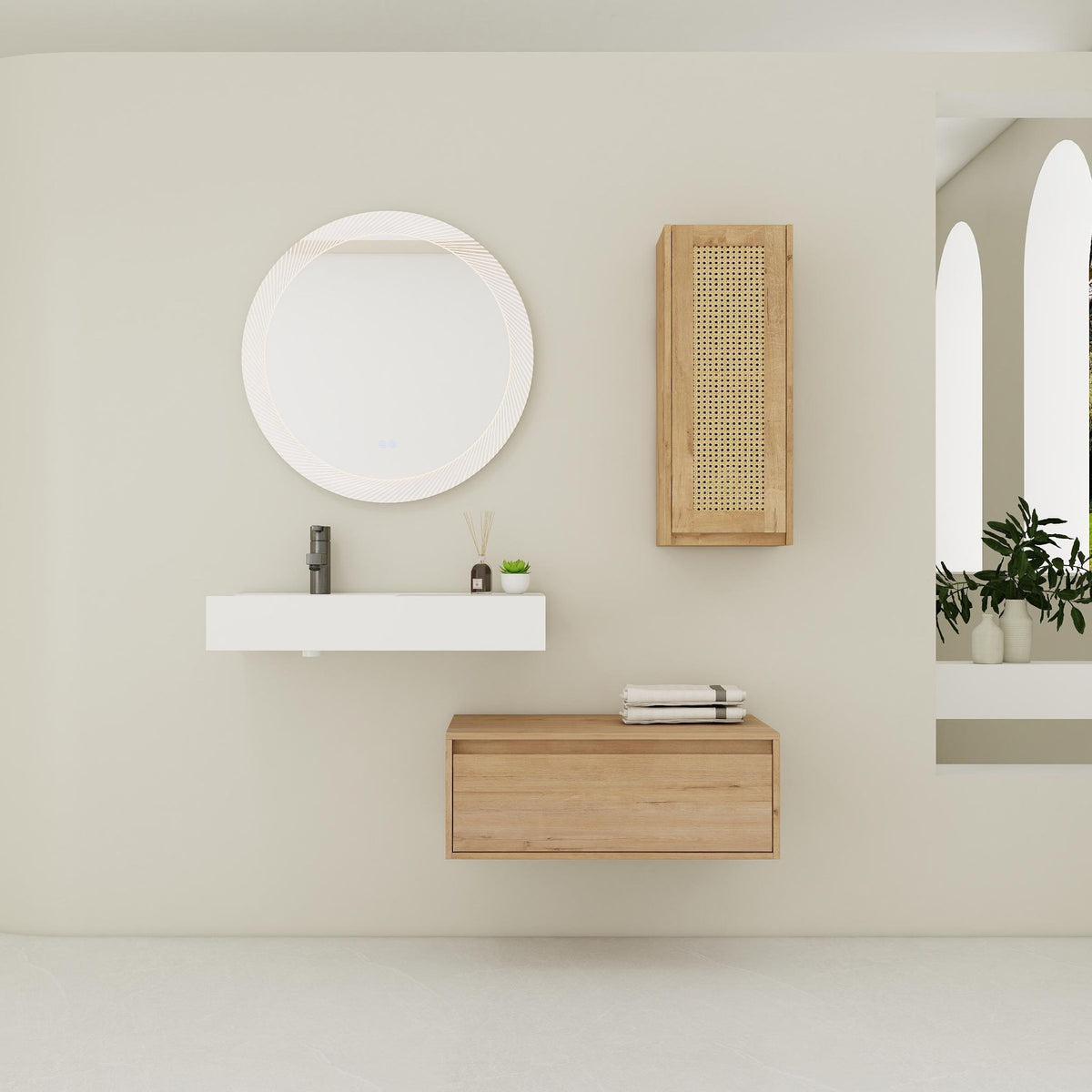 Modern Imitative Wall Mounted Bathroom Vanity With Resin Sink And Side Cabinet