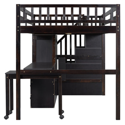 Loft Bed With Stairs, Bookshelf, Drawers, Desk & Wardrobe, Space Saving Multifunctional Furniture