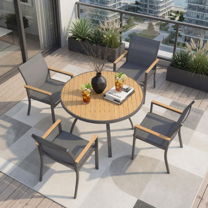 Gray Aluminum Patio Dining Set With Textilene Chairs, 5 Piece All Weather Round Table And 4 Seater For Garden, Deck, Or Porch