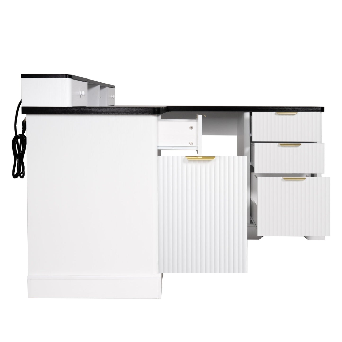 Fluted L-Shaped Desk With Charging Station & Storage Cabinet