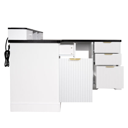 Fluted L-Shaped Desk With Charging Station & Storage Cabinet