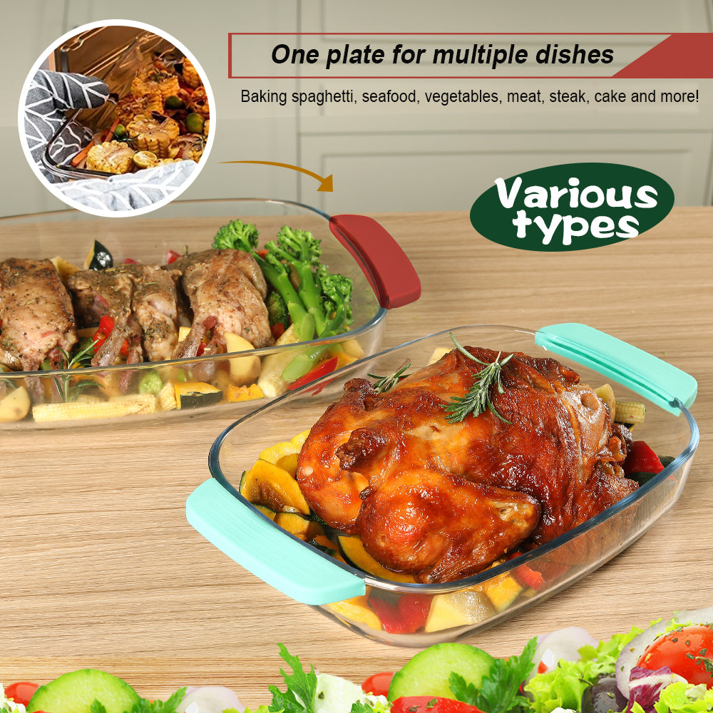 Delight King Baking Dish Set of 2 – Baking Dishes for Oven with Silicone Sleeves – Heat-Resistant Borosilicate Glass Baking Dish – Rectangle Glass Bakeware for Casseroles, Lasagna, Desserts