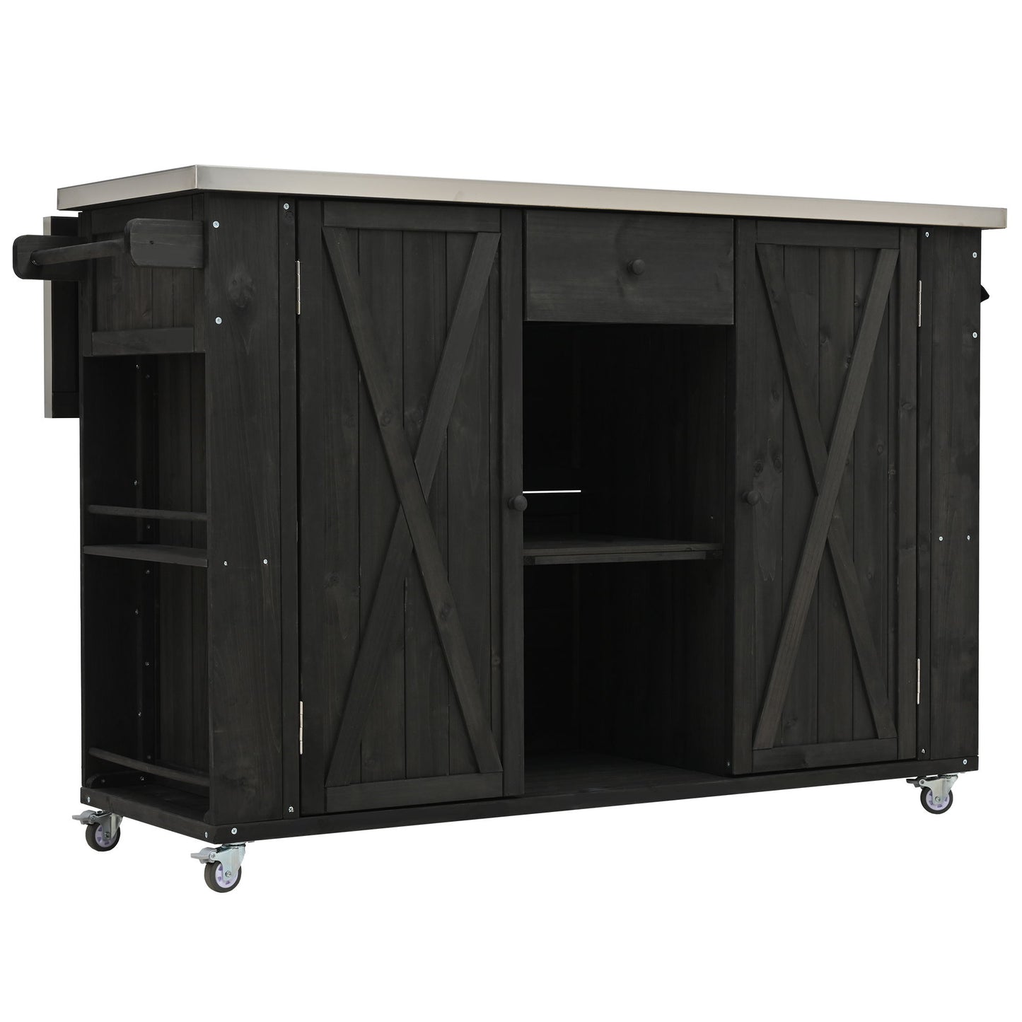 Outdoor Kitchen Island With Stainless Steel Top, Ample Storage Space, Towel And Spice Racks And A Bottle Opener
