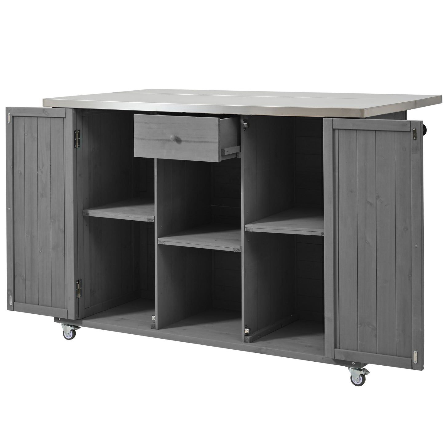Outdoor Kitchen Island With Stainless Steel Top, Ample Storage Space, Towel And Spice Racks And A Bottle Opener