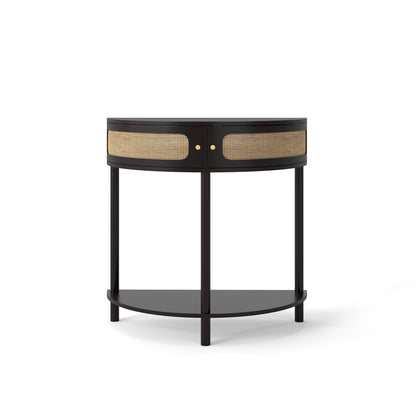 Boho Rattan Semi Circle End Table With Sliding Rattan Door, Storage And Bottom Shelf