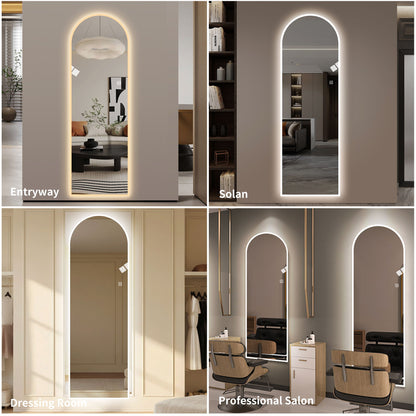 LED Full Length Wall Mirror With Symmetrical Arch Design, Dimmable 3 Color Temperature Lighting - Silver