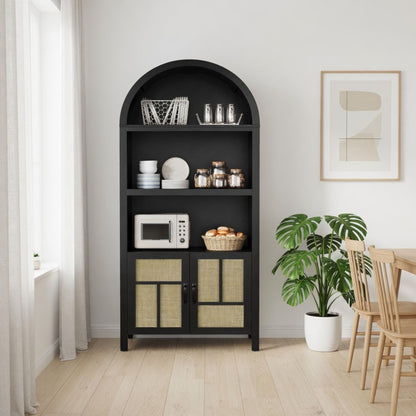 Arched Pantry Cabinet With Adjustable Storage & Doors - Black