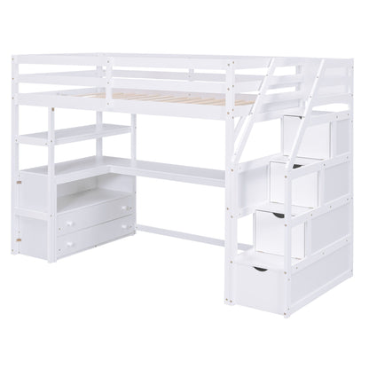 Loft Bed With Desk, Shelves, 2 Drawers, Storage Staircase