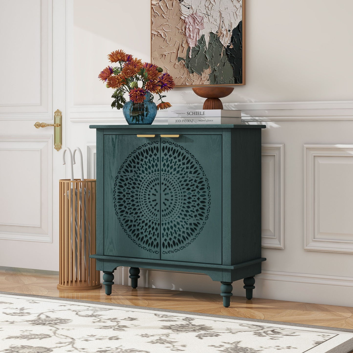 Hollow Carved 2 Door Accent Cabinet With Adjustable Shelf, Sideboard Buffet For Entryway, Living Room Or Bedroom - Blackish Green