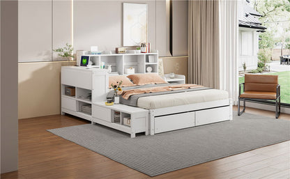Platform Bed With Multi Functional Storage Space, Nightstand, 2 Drawers, USB Ports And Desk