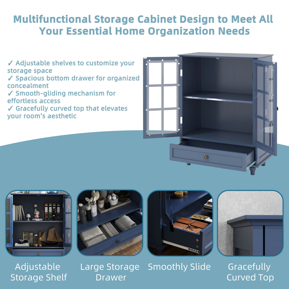 Minimalist Buffet Cabinet With Double Glass Doors And Drawer