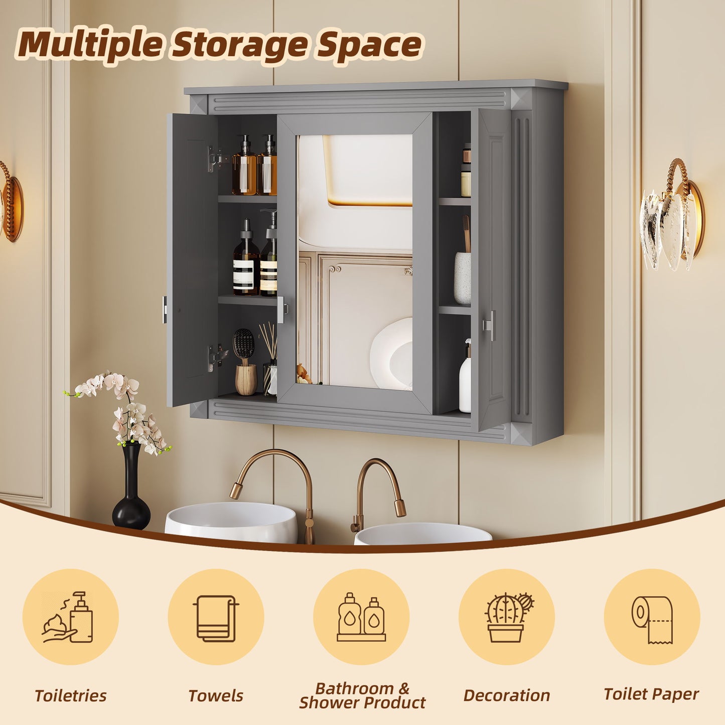Wall Mounted Bathroom Cabinet With Mirror And 4 Shelves, Rectangular Design - Gray