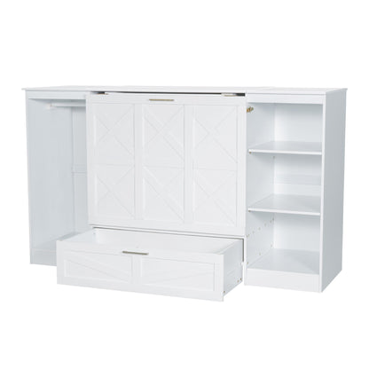 Twin Size Murphy Bed With Bedside Shelves And Wardrobe - White