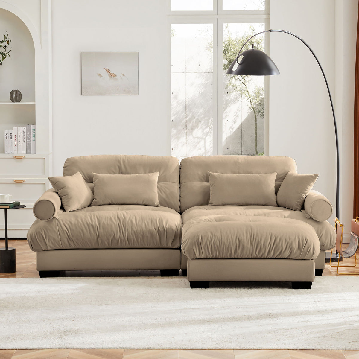 Modern Sectional Sofa With Ottoman, Round Bolster Armrests, Waist And Throw Pillows