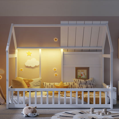 House Floor Bed With 7 Color LED Light, Built In Bookshelf