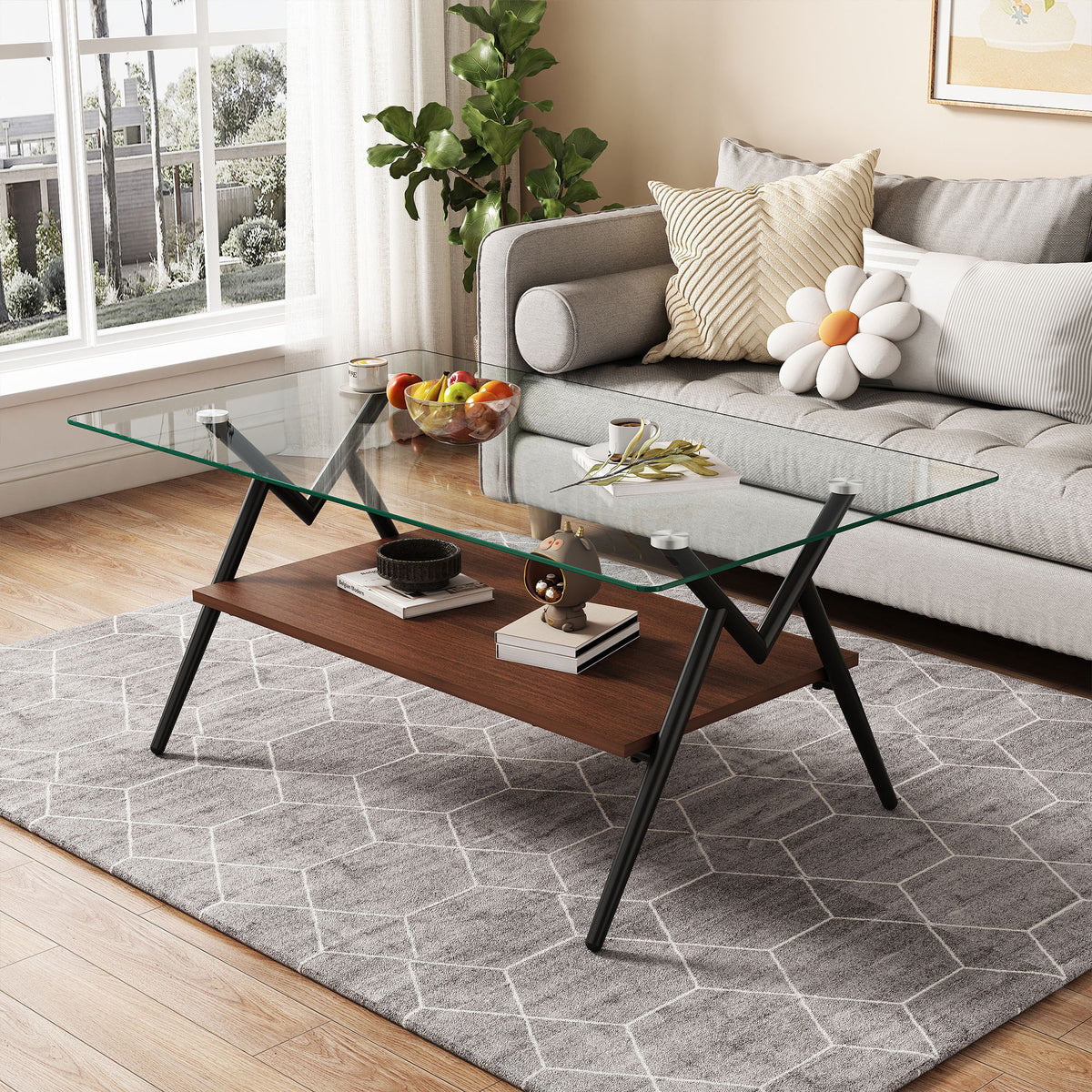 Rectangle Coffee Table With Tempered Glass Top And Shelf