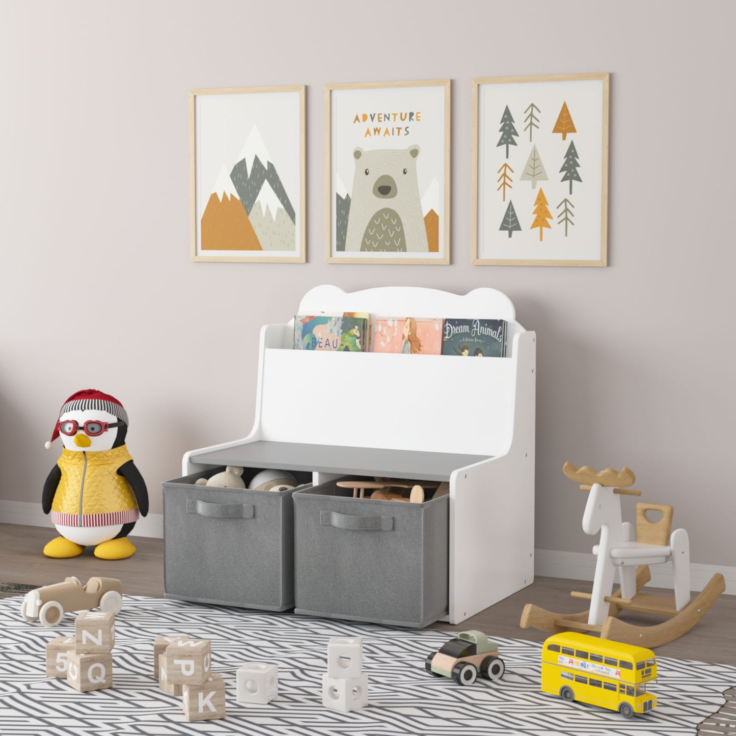 Bookshelf With Storage Bins, Bookcase With Book Display Shelf And 2 Bins, Cute Bear Shaped Backboard, Toy Organizer - White