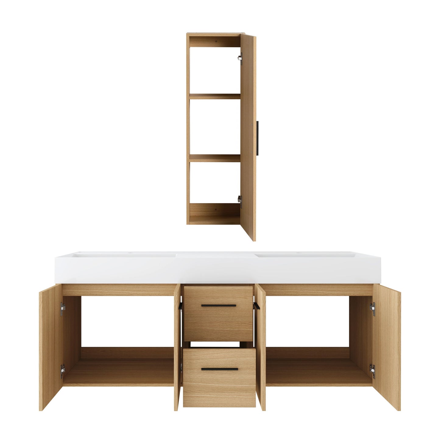 Floating Double Sink Bathroom Vanity Set With Tall Linen Cabinet, Drawers And Doors, Extra Large Storage, Integrated Sink, Soft Close Hardware - Glossy White / Light Oak