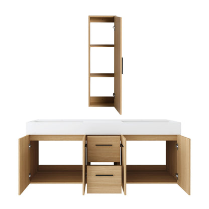 Floating Double Sink Bathroom Vanity Set With Tall Linen Cabinet, Drawers And Doors, Extra Large Storage, Integrated Sink, Soft Close Hardware - Glossy White / Light Oak
