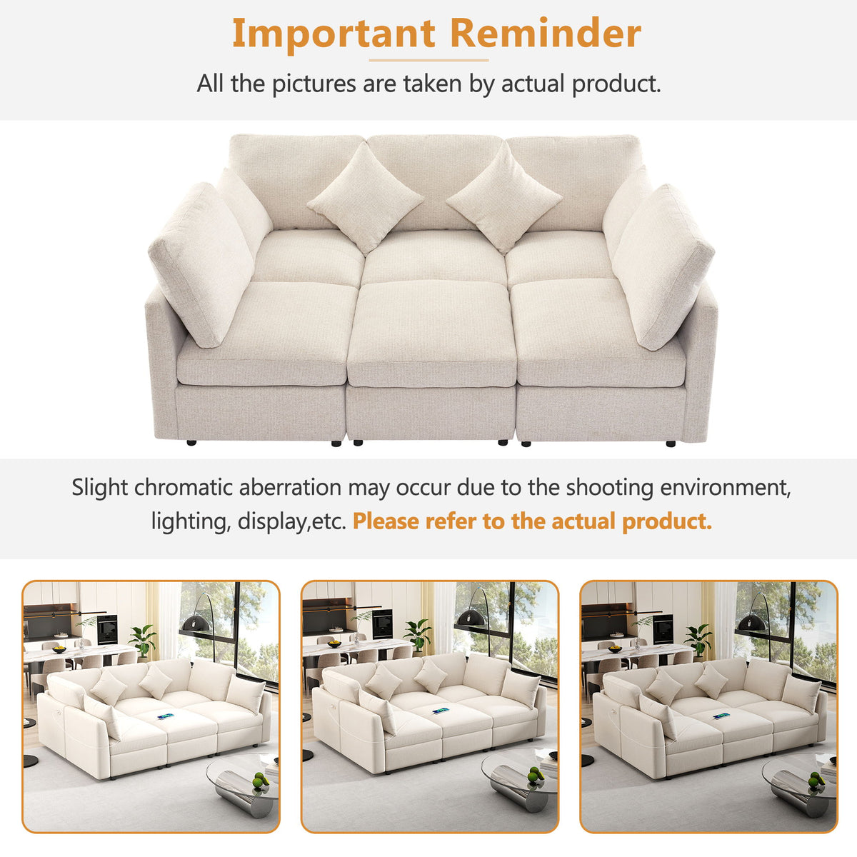 Sectional Sofa Modular U-Shaped With Ottoman & USB Ports