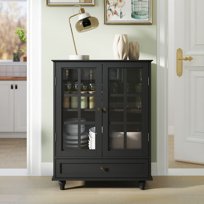 Minimalist Buffet Cabinet With Double Glass Doors And Drawer