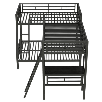 Twin Over Full Bunk Bed With Loft And Desk, L-Shaped Design For 3 Sleepers - Black