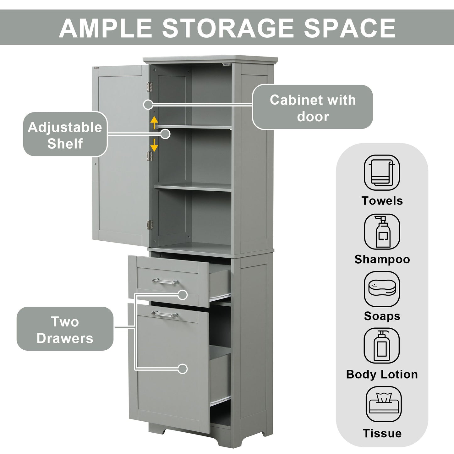 Tall Freestanding Bathroom Storage Cabinet With Adjustable Shelf And 2 Drawers