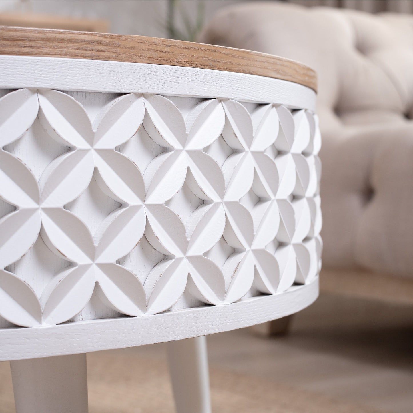 Round Coffee Table With Storage - White / Light Oak