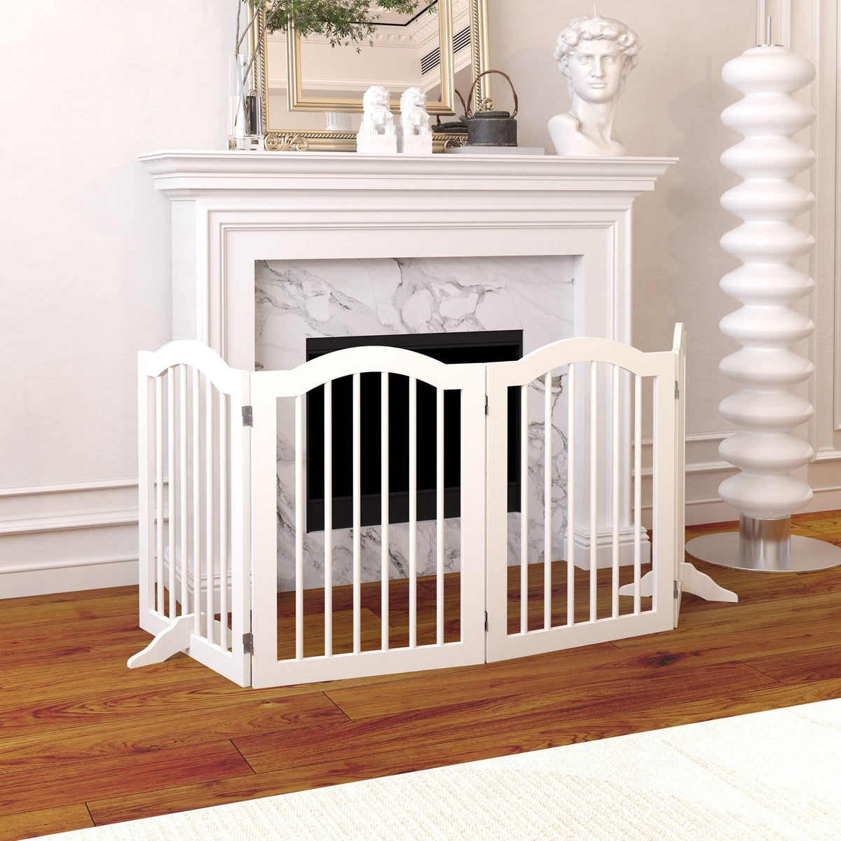 4 Panel Freestanding Pet Gate With Foldable Design And Support Feet - White