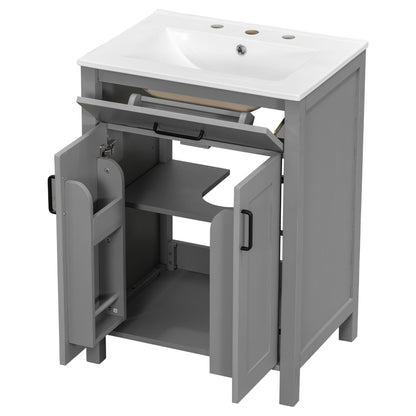 Bathroom Vanity With Ceramic Sink, Soft Close Doors, Flip Drawer, Double Layer Door Shelves