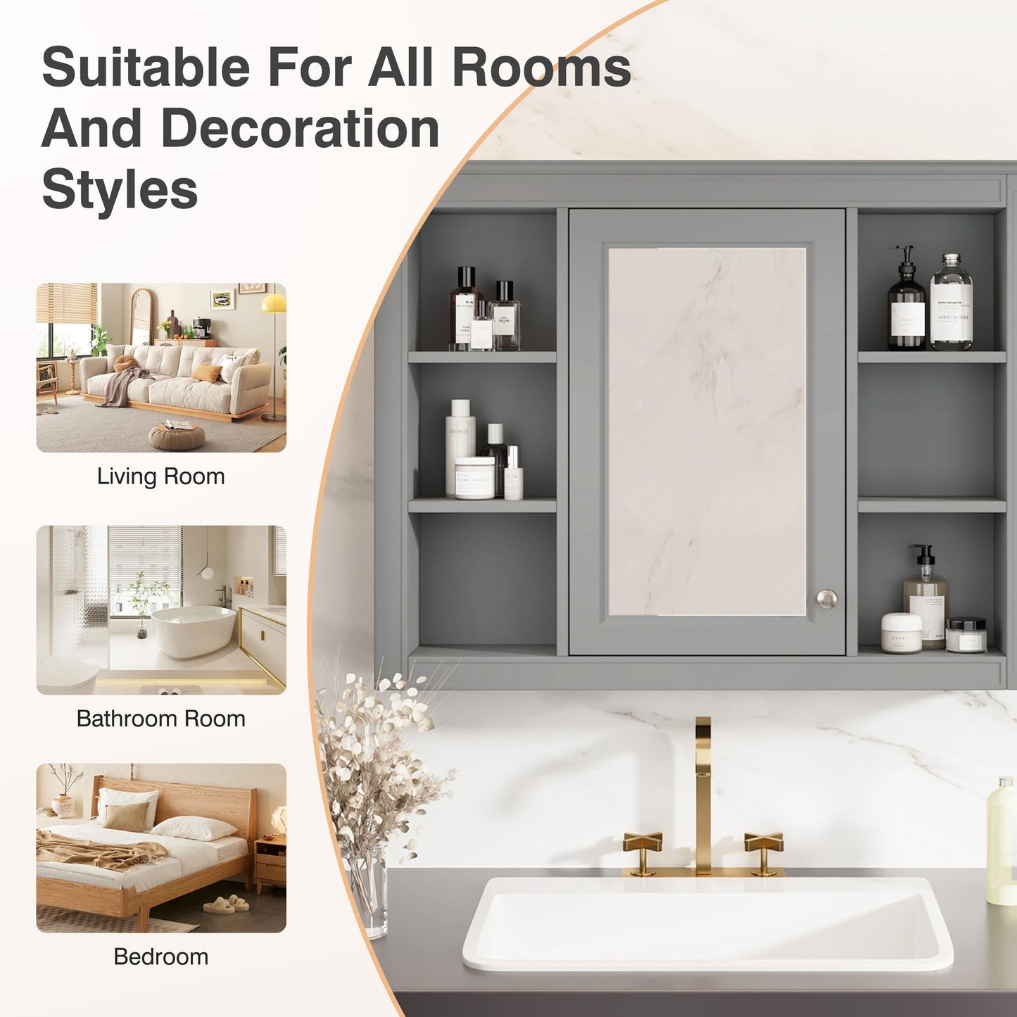 Wall Mounted Medicine Cabinet With Mirror, Storage Cabinet Featuring 6 Open Shelves And Adjustable Interior