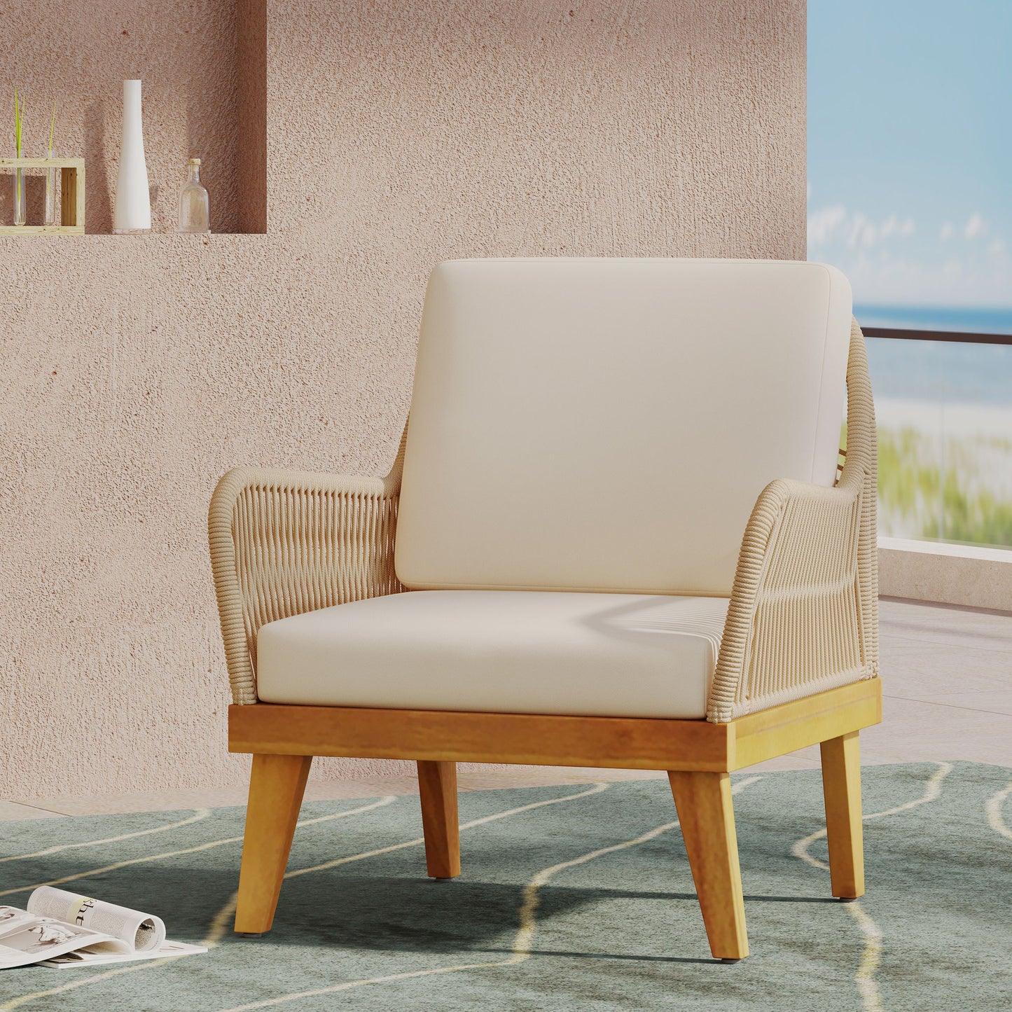 Outdoor Club Chair With Rope Weave Design - Teak