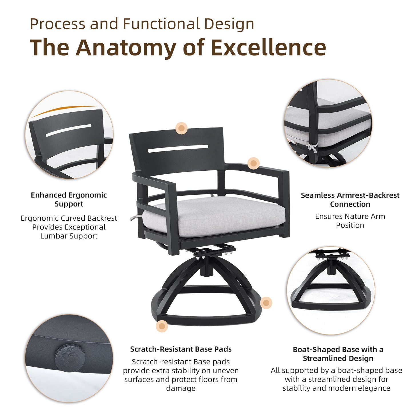 Outdoor Patio Dining Set, Squircle Dining Table, Dining Chairs With Sunbrella Cushions