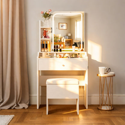 Smart LED Mirror Vanity Set With Storage For Bedrooms - Cream White