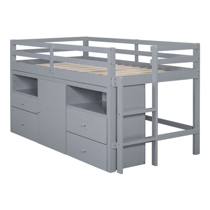 Loft Bed With 4 Drawers, Underneath Cabinet And Shelves