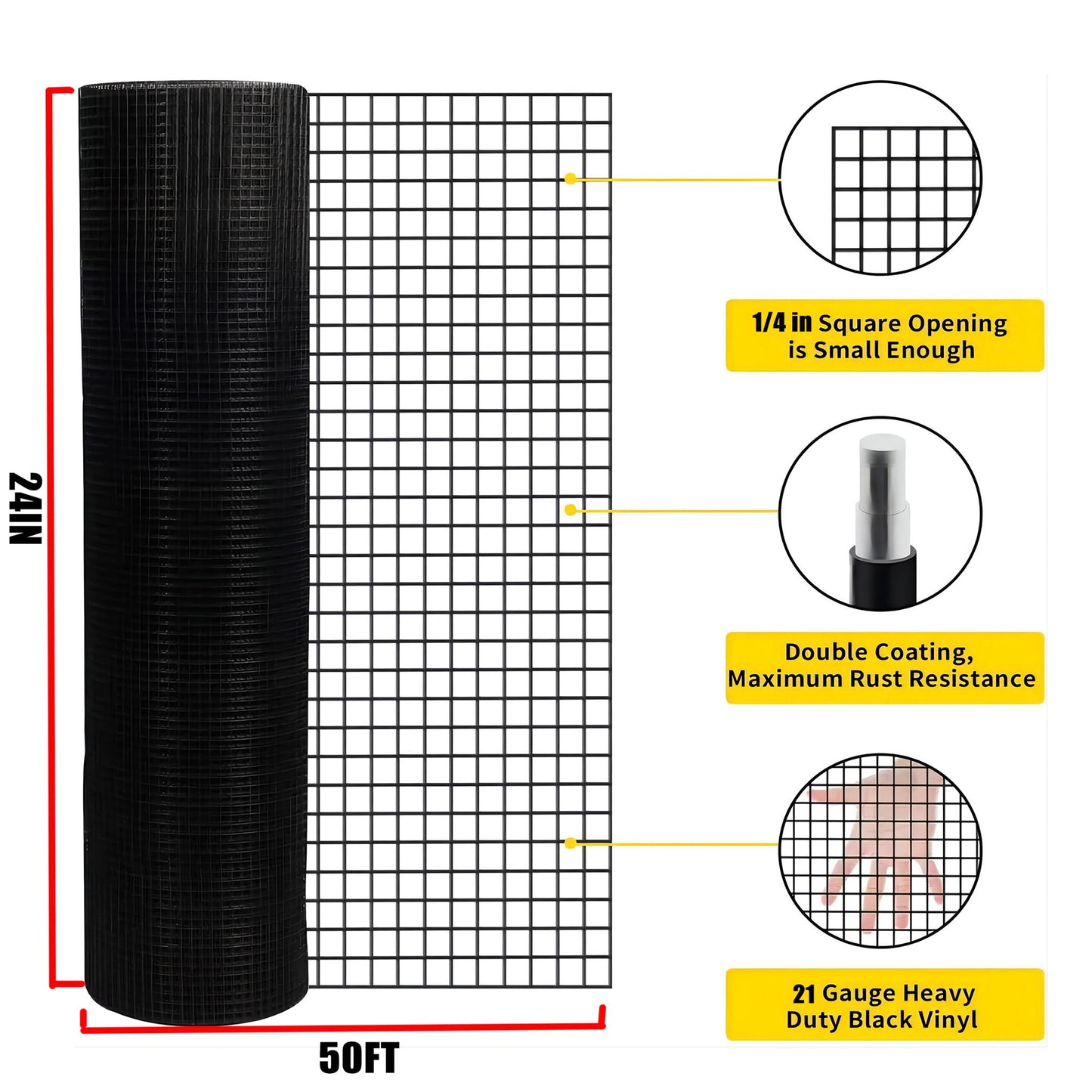 Vinyl Coated Hardware Cloth, 21 Gauge, Galvanized Steel, For Poultry Netting And Chicken Coop - Black