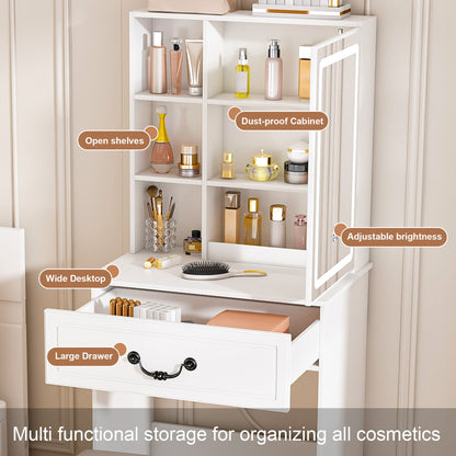 Modern Mini Dressing Table With Led-Lit Mirror & Hidden Storage, Adjustable Brightness Vanity Desk - White
