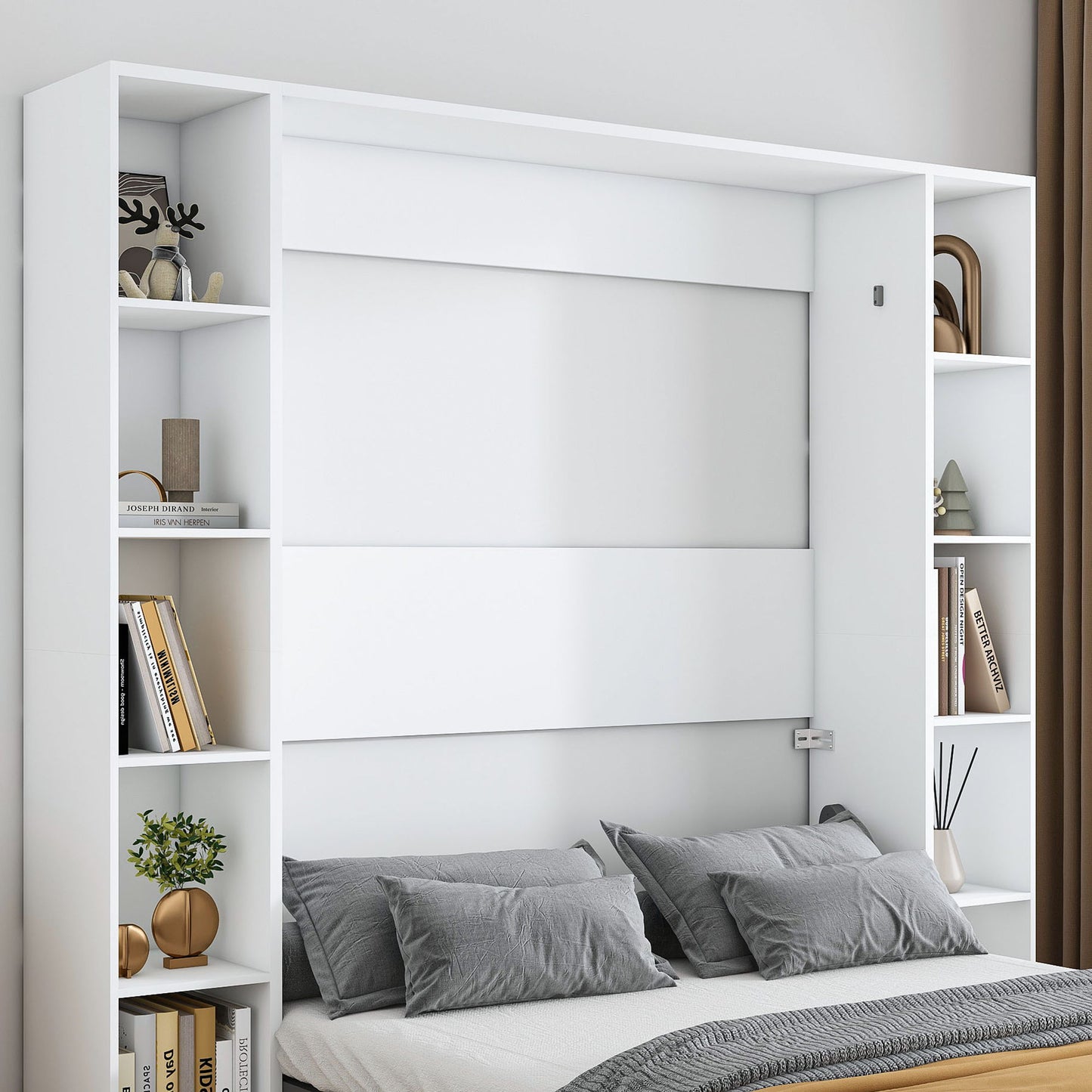 Queen Murphy Bed With Storage Cabinet, Foldable Wall Bed For Bedrooms - White