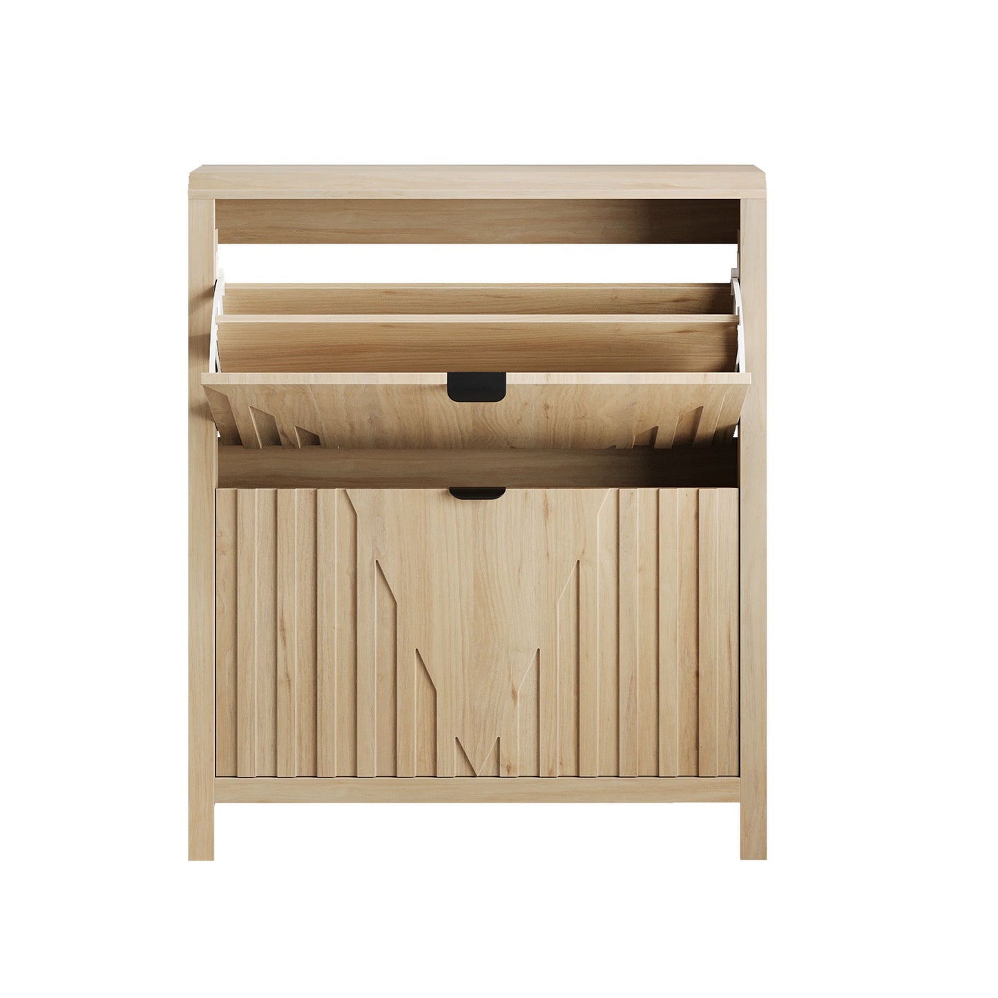 Entryway Shoe Cabinet With Vertical Carved Panels - Oak