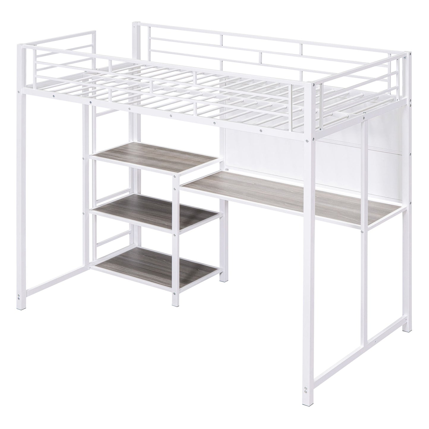 Metal Loft Bed With Desk, 3 Shelves And Ladder