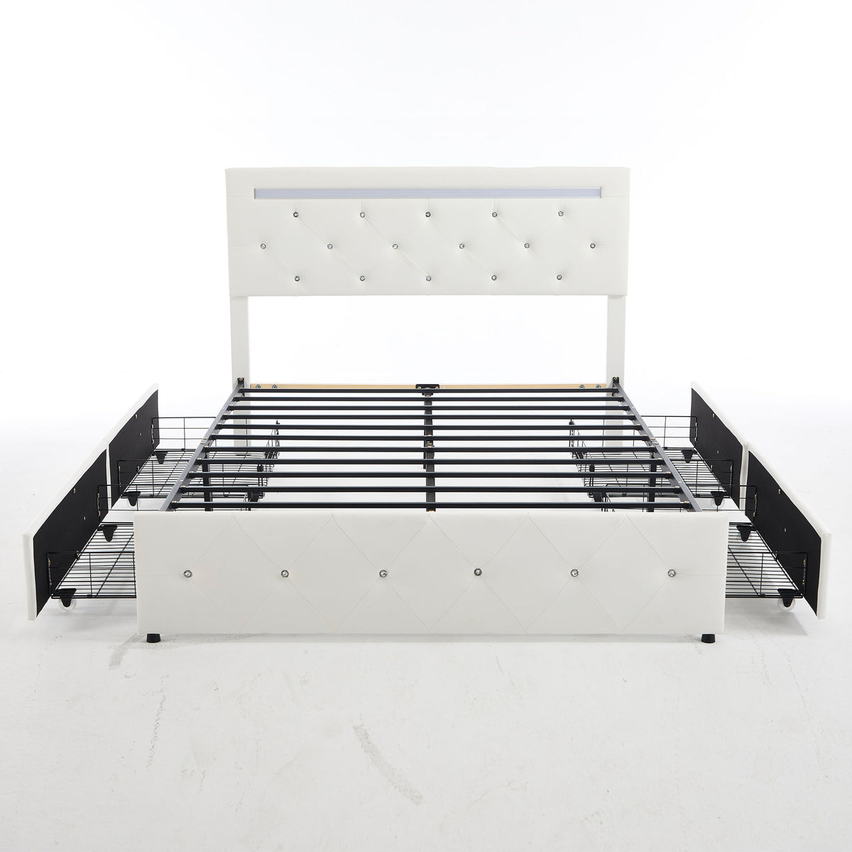 Upholstered Bed Frame With LED Lights, 4 Storage Drawers, Charging Station
