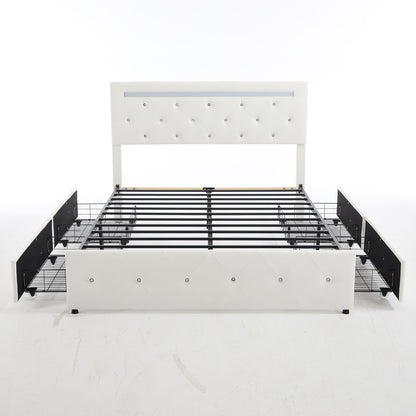 Upholstered Bed Frame With LED Lights, 4 Storage Drawers, Charging Station