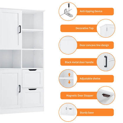 Freestanding Bathroom Storage Cabinet With Doors And Drawers, Adjustable Shelf, Open Shelves - White