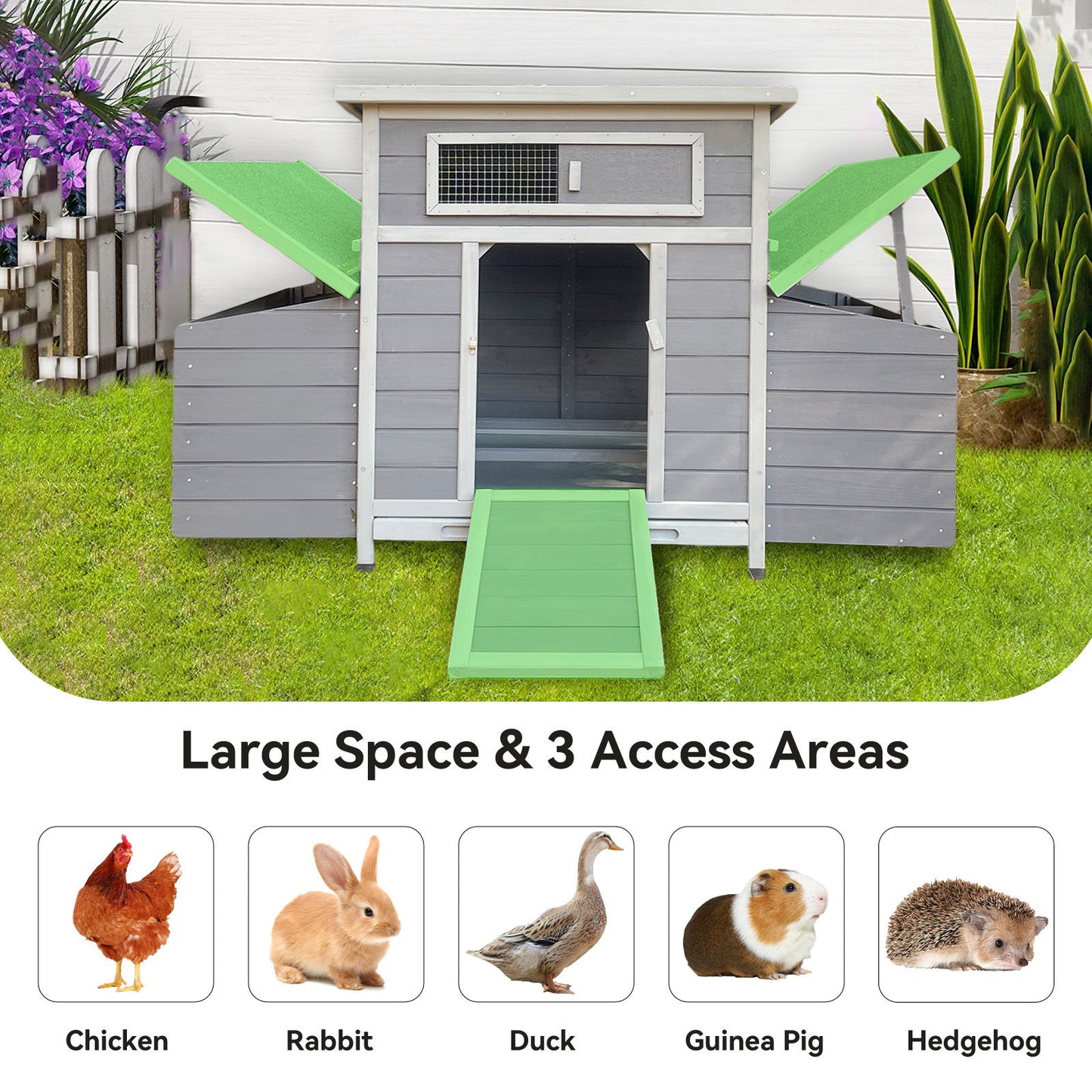 Chicken Coop, Large Outdoor Hen House With Run And Nesting Box Poultry Cage, Rabbit Hutch - Gray