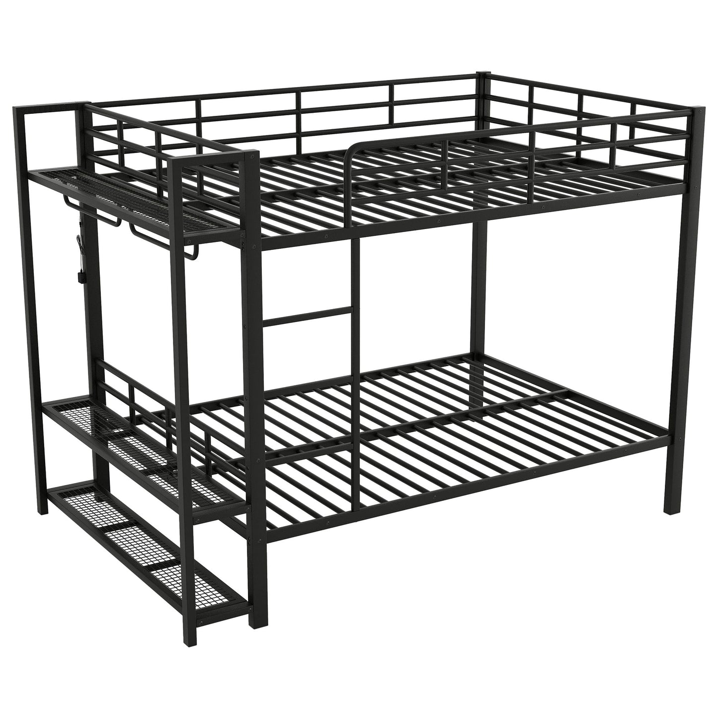 Bunk Bed With Storage Shelves, Clothes Hooks, LED Light