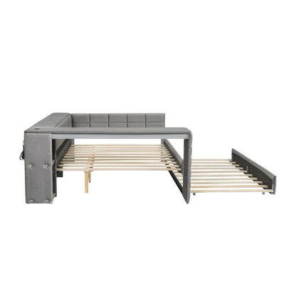 Upholstered Platform Bed With Storage Shelves, Desk, Charging Station And Trundle