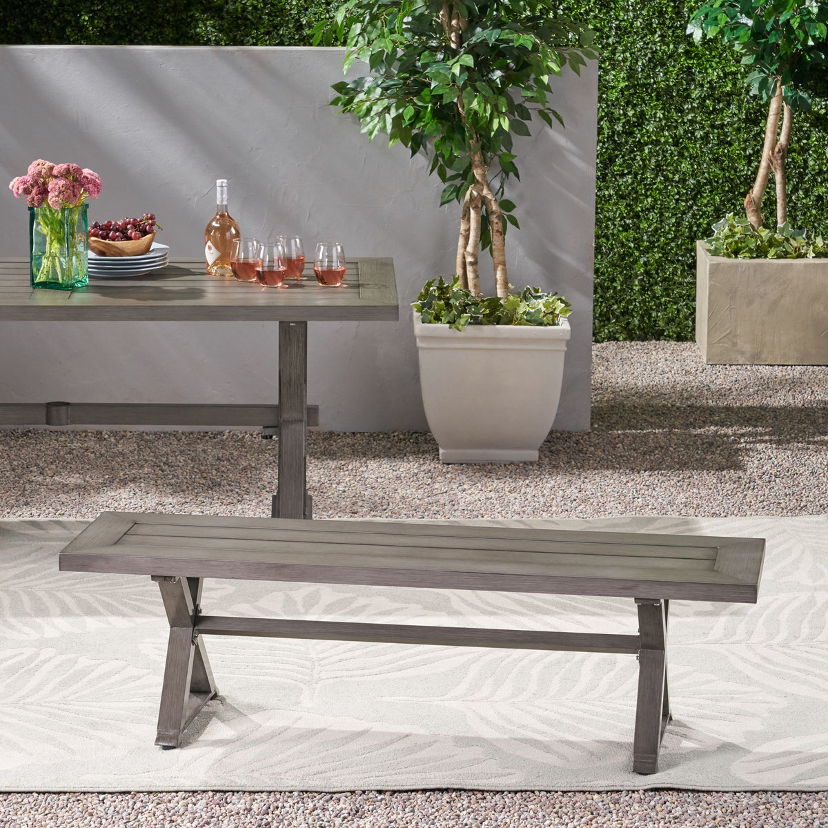 Modern Aluminum Outdoor Dining Bench With X Base - Dark Gray