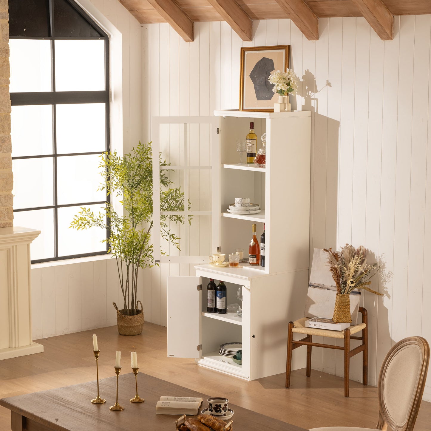 Retro Style Hutch Cabinet With Glass Door, China Cabinet For Home