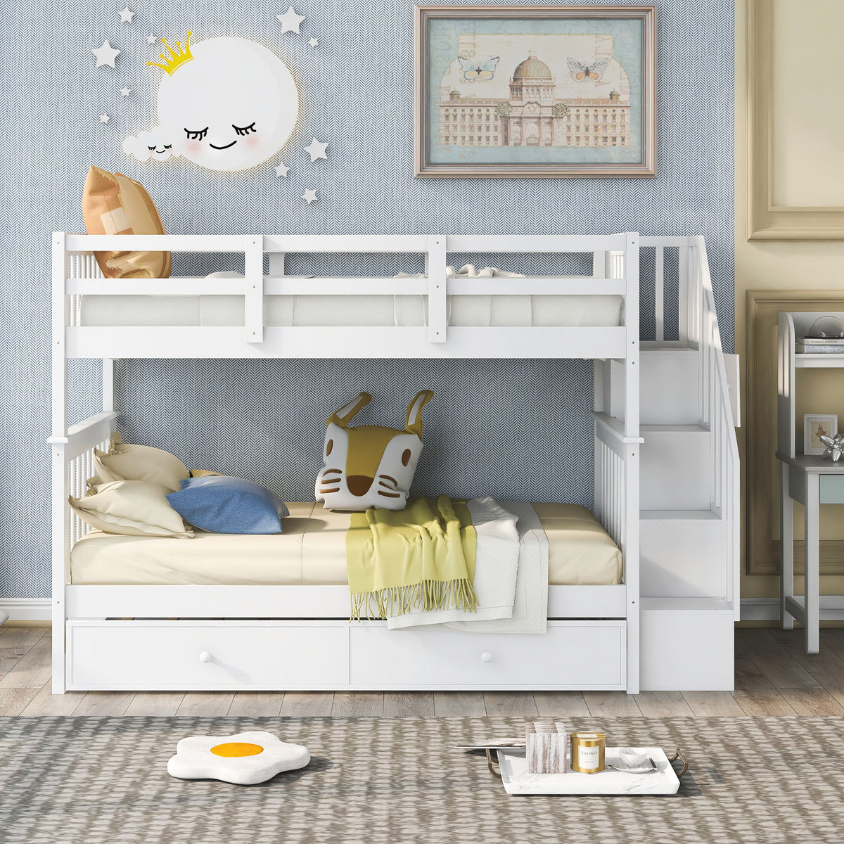 Stairway Bunk Bed With Storage And Guard Rail For Bedroom